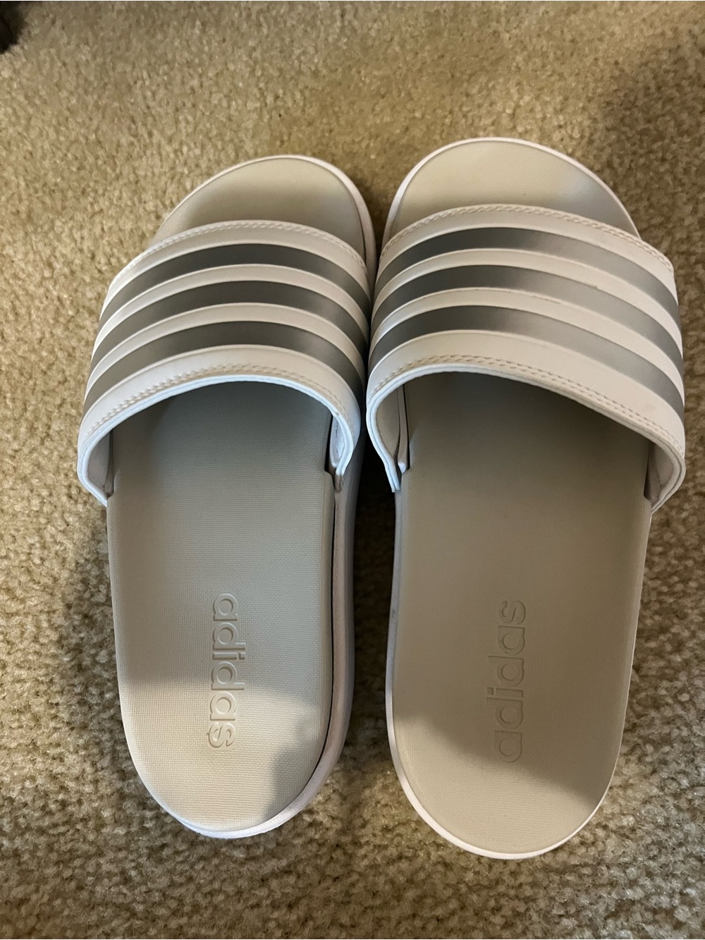 adidas Women's White and Gray Slide Sandals - Three-Stripe Design